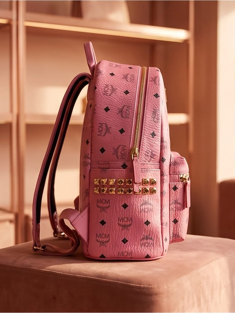 MCM VISETOS STUDDED MEDIUM STARK BACKPACK Bubble Gum Pink MSRP $1498